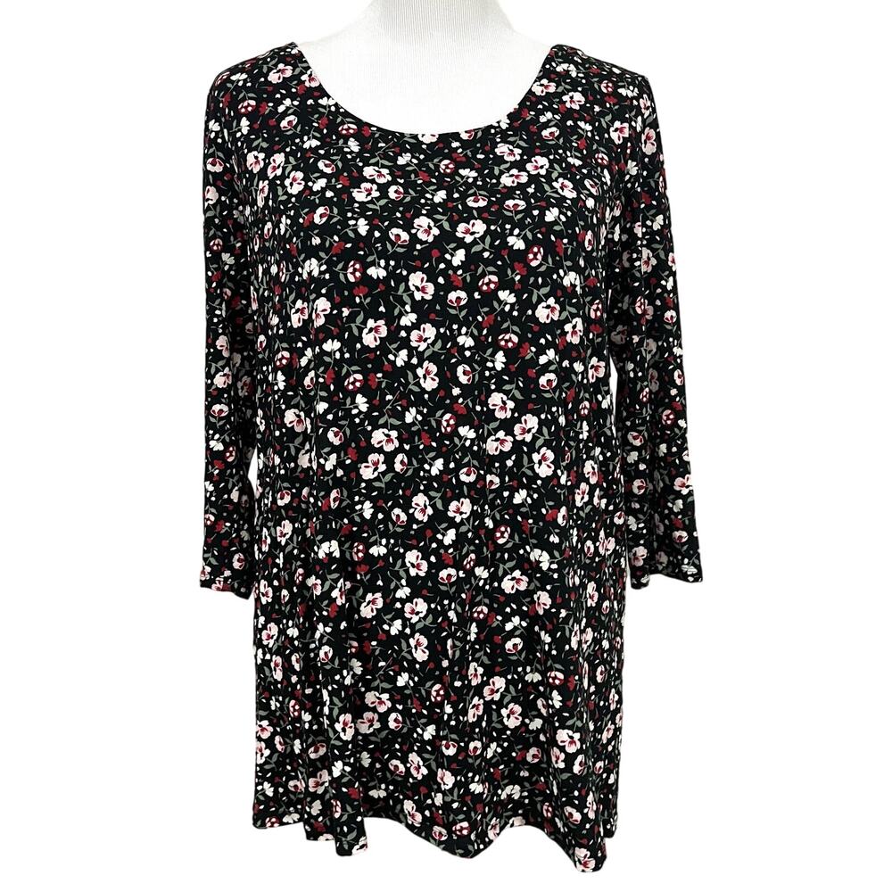 J.Jill Wearever Tunic Top Black Pink Floral Jersey Knit Stretch Side Slits Sz M